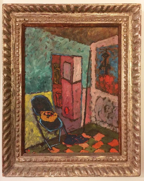 Modernist style interior scene painting in a custom antique carved and silver gilt picture frame